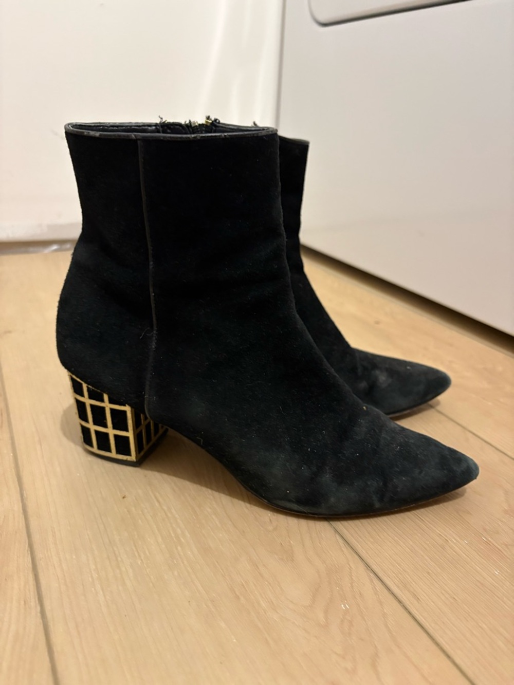 Brian Atwood Black Suede Gold Heel Ankle Boots